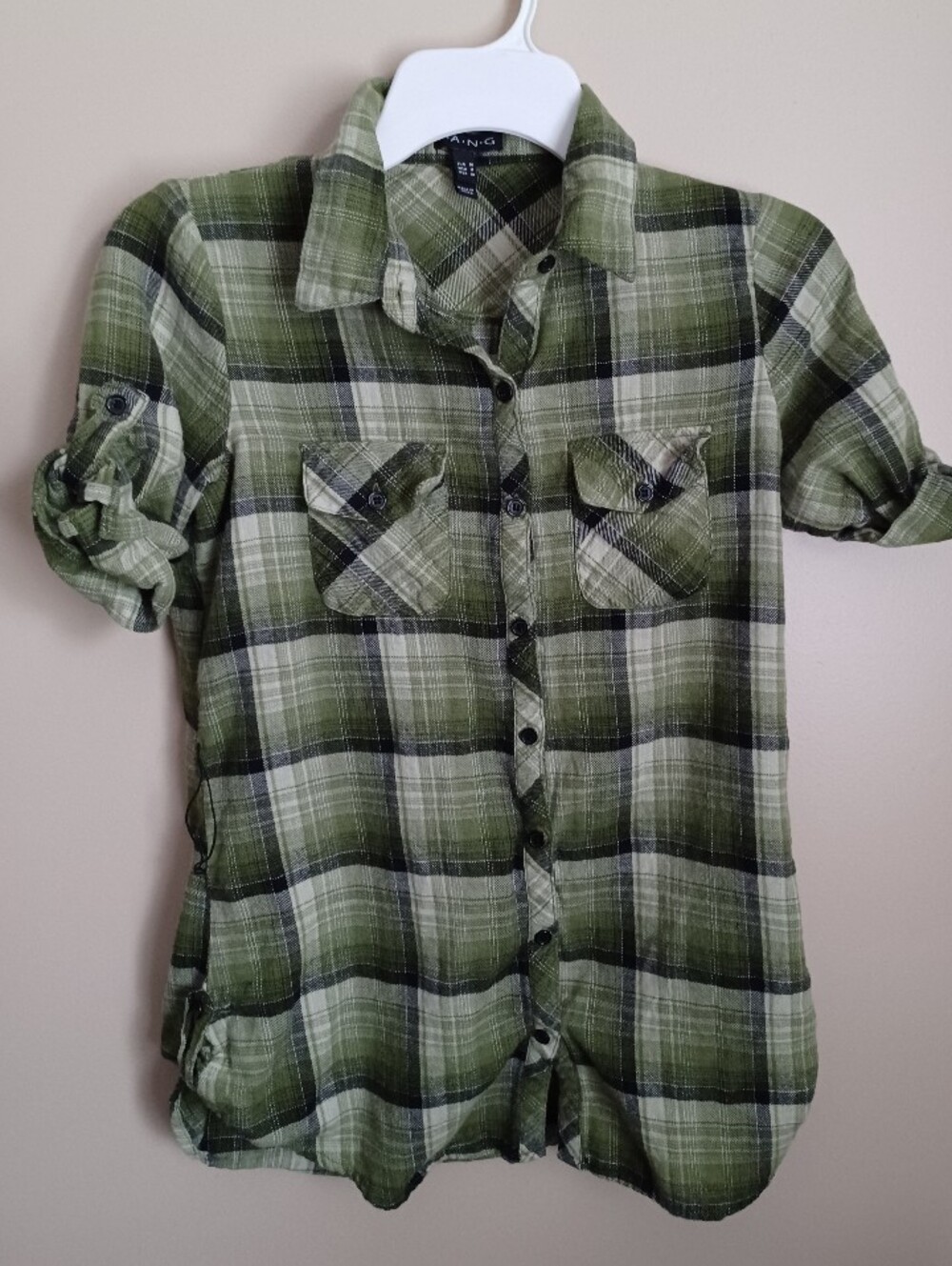 Women's Size Medium F.A.N.G Cotton Green Plaid Short Sleeve Button-down Shirt